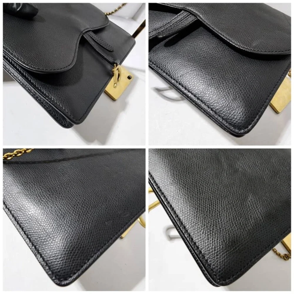 Authentic CHRISTIAN DIOR Grained Calfskin Wallet on Chain Black